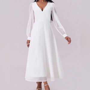 Joyfunear Solid Mesh V-Neck Elegant White Long Sleeve Dress
